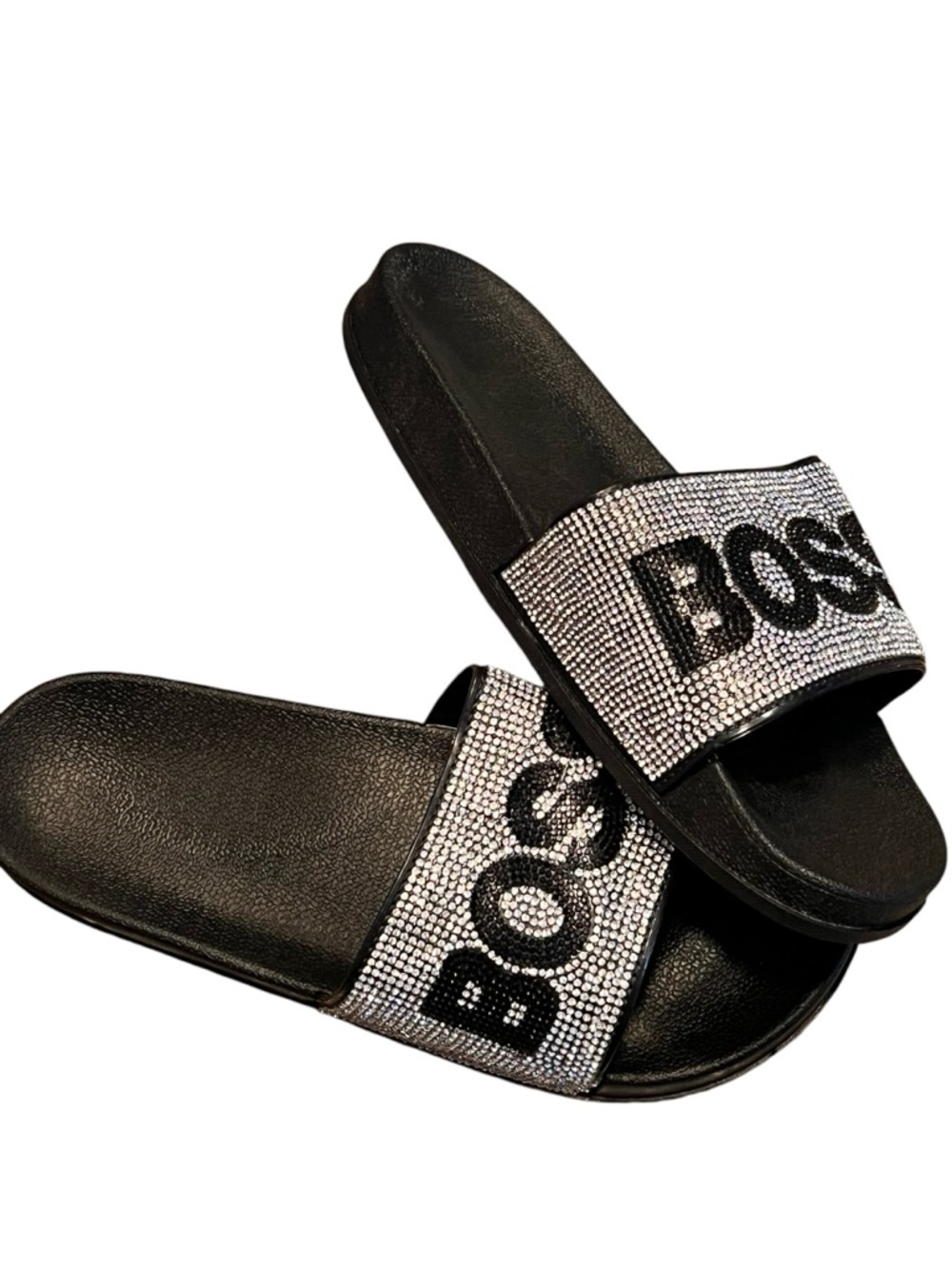 Vera Black Slide Sandals with Silver Rhinestone 'BOSS' Strap